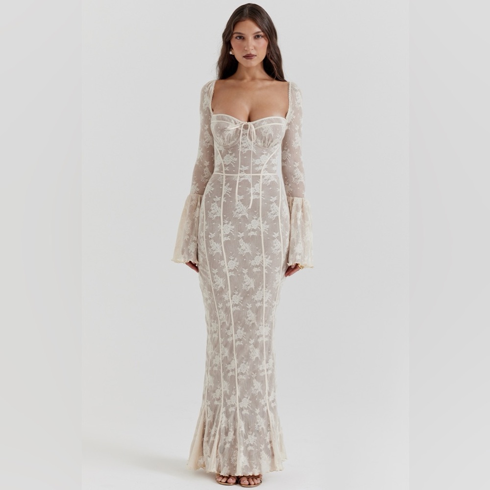 House of CB Cream Long Sleeve Lace Dress